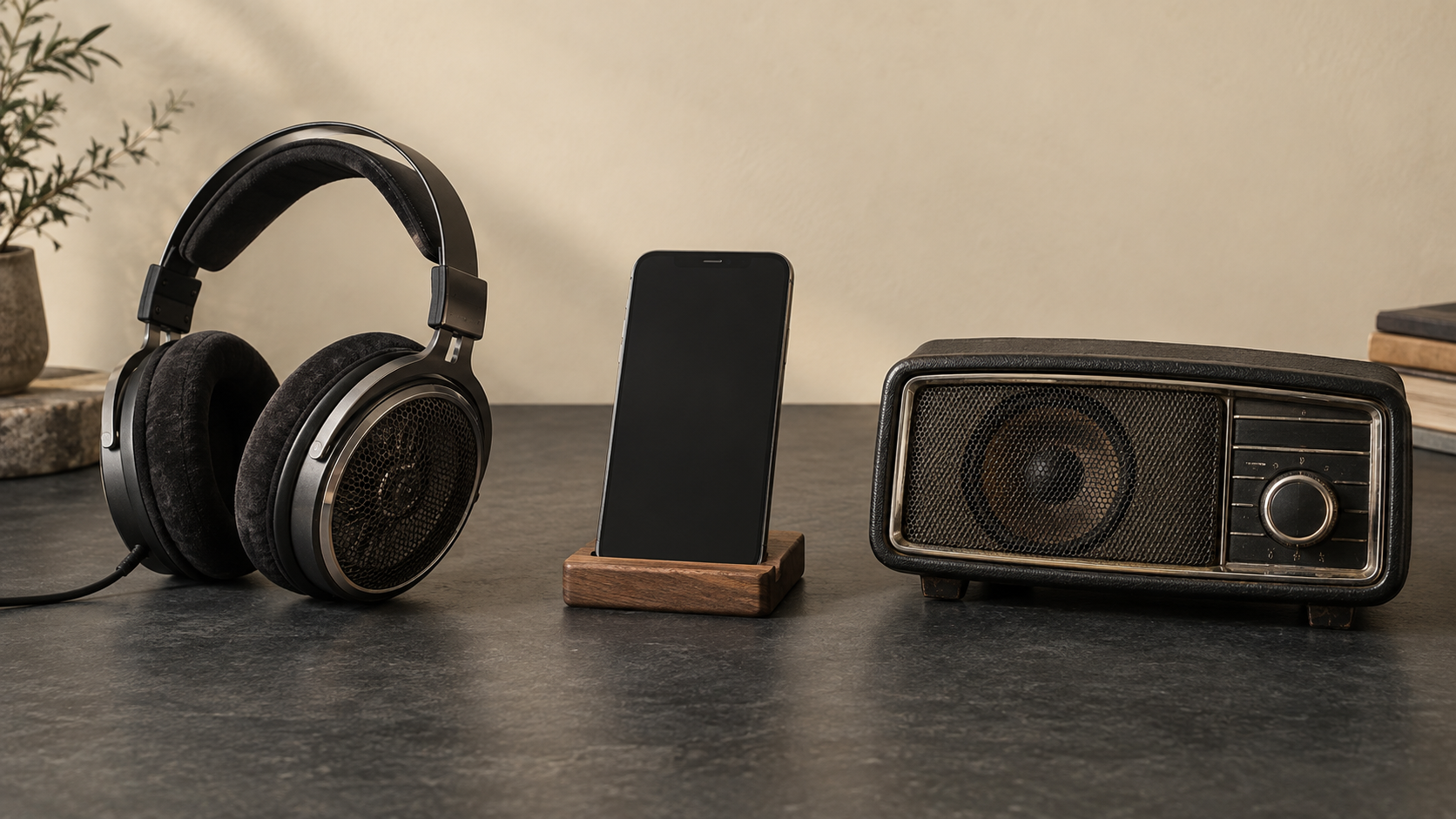 Open-back headphones, a smartphone, and a vintage car speaker arranged on a dark studio table