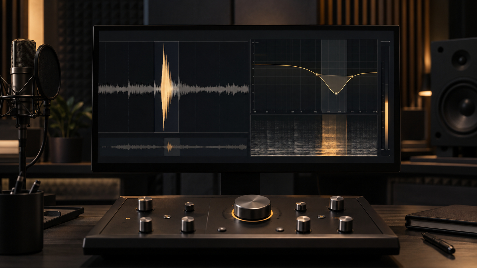 Studio display showing a vocal transient and a narrow dynamic EQ cut