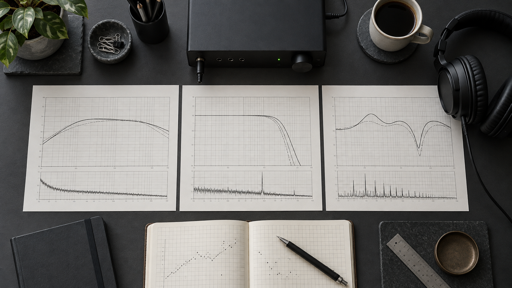 Overhead audio testing bench with three frequency-analysis printouts, an interface, and a graph notebook