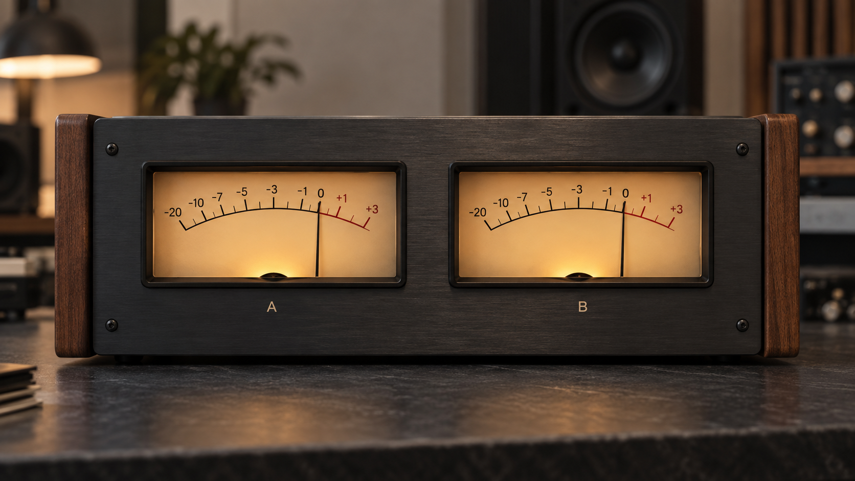 Two warm analog VU meters labeled A and B showing matching levels