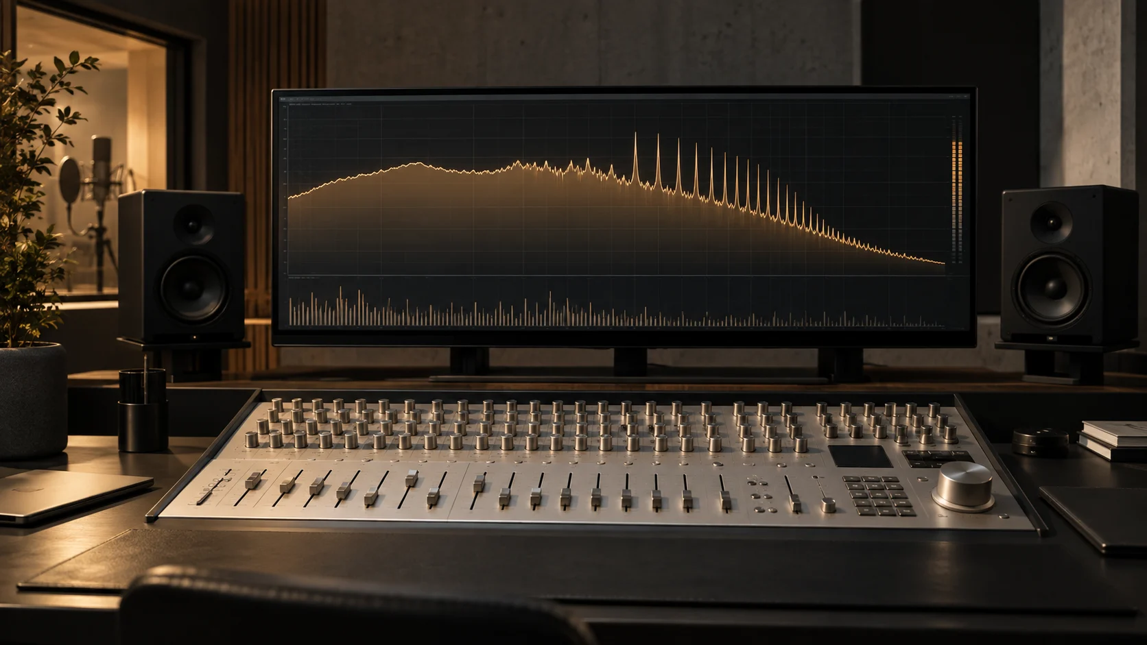 A mastering console facing a spectrum analyzer with a row of narrow high-frequency peaks