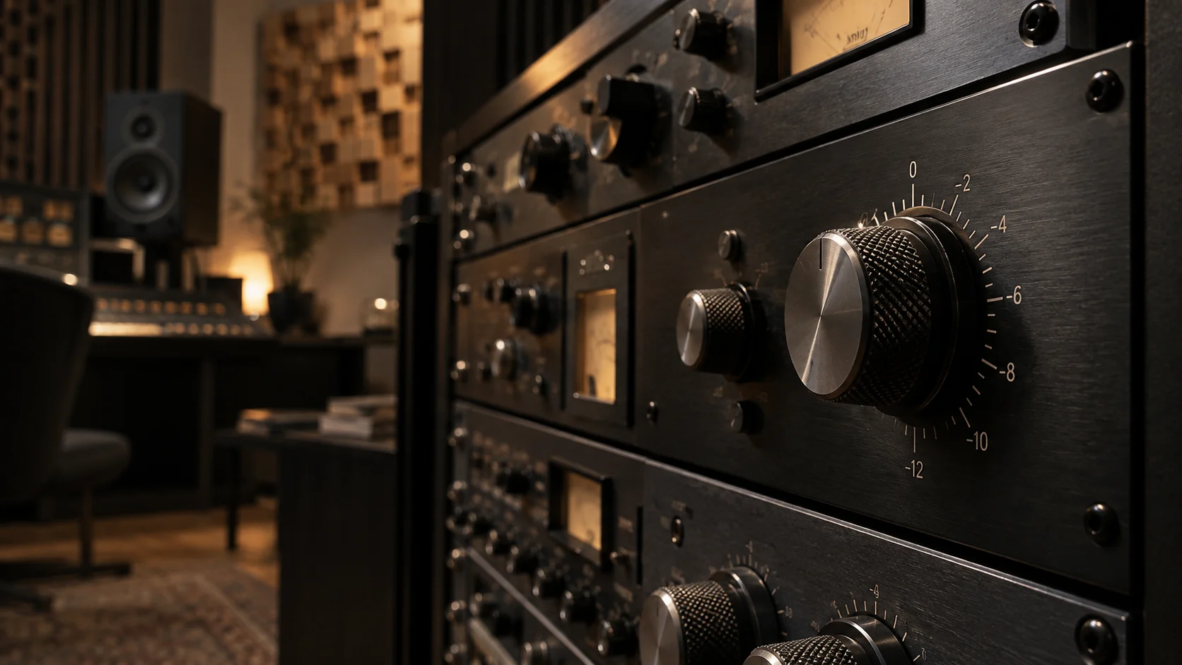 Stepped mastering-console attenuator with a mechanical decibel scale in a dark studio
