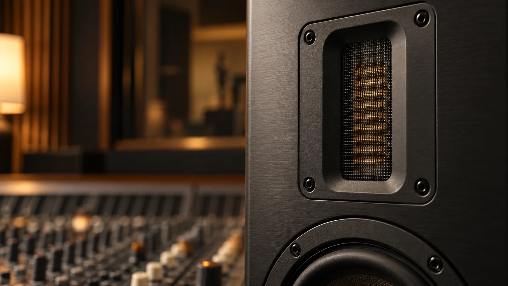 Close view of a ribbon tweeter on a dark studio monitor beside a softly blurred mixing console