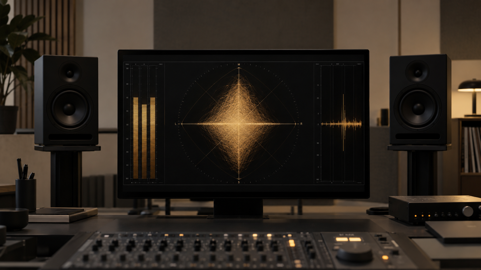 Studio monitor displaying an amber diamond-shaped stereo vectorscope between two speakers