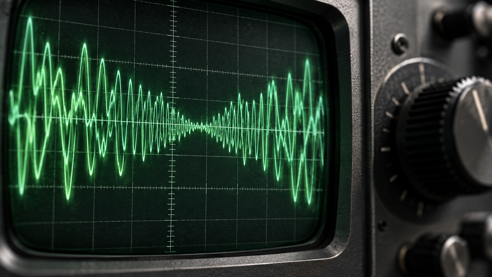 A green waveform moving across the reticle of an analog oscilloscope