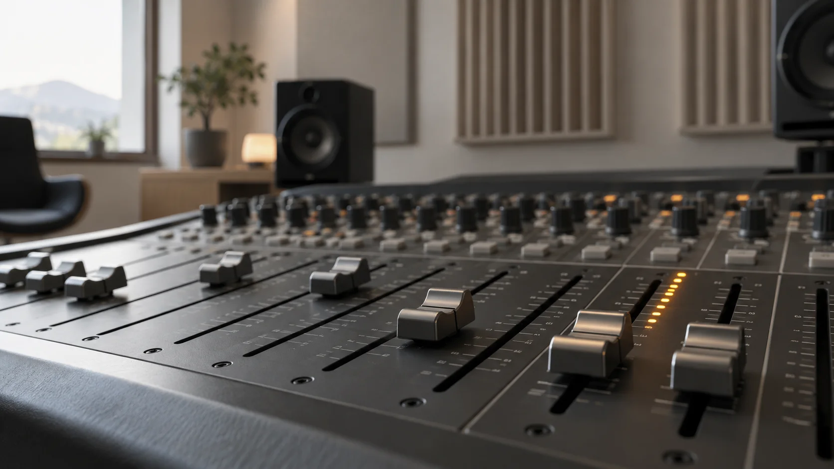 Graphite mixing-console faders beside a softly glowing amber level meter