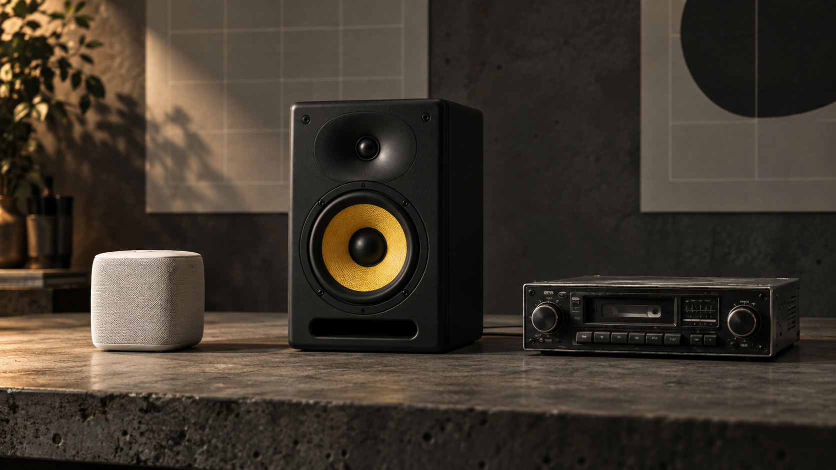 A compact white speaker, a black studio monitor with a yellow cone, and a retro car stereo on a concrete studio table