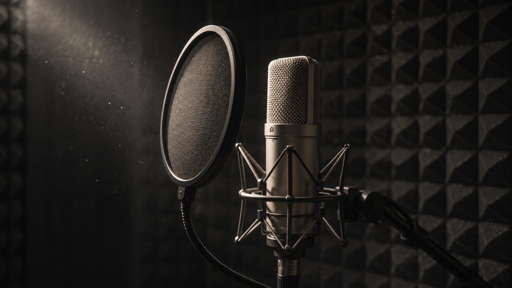 A condenser microphone and pop filter in a softly lit vocal booth