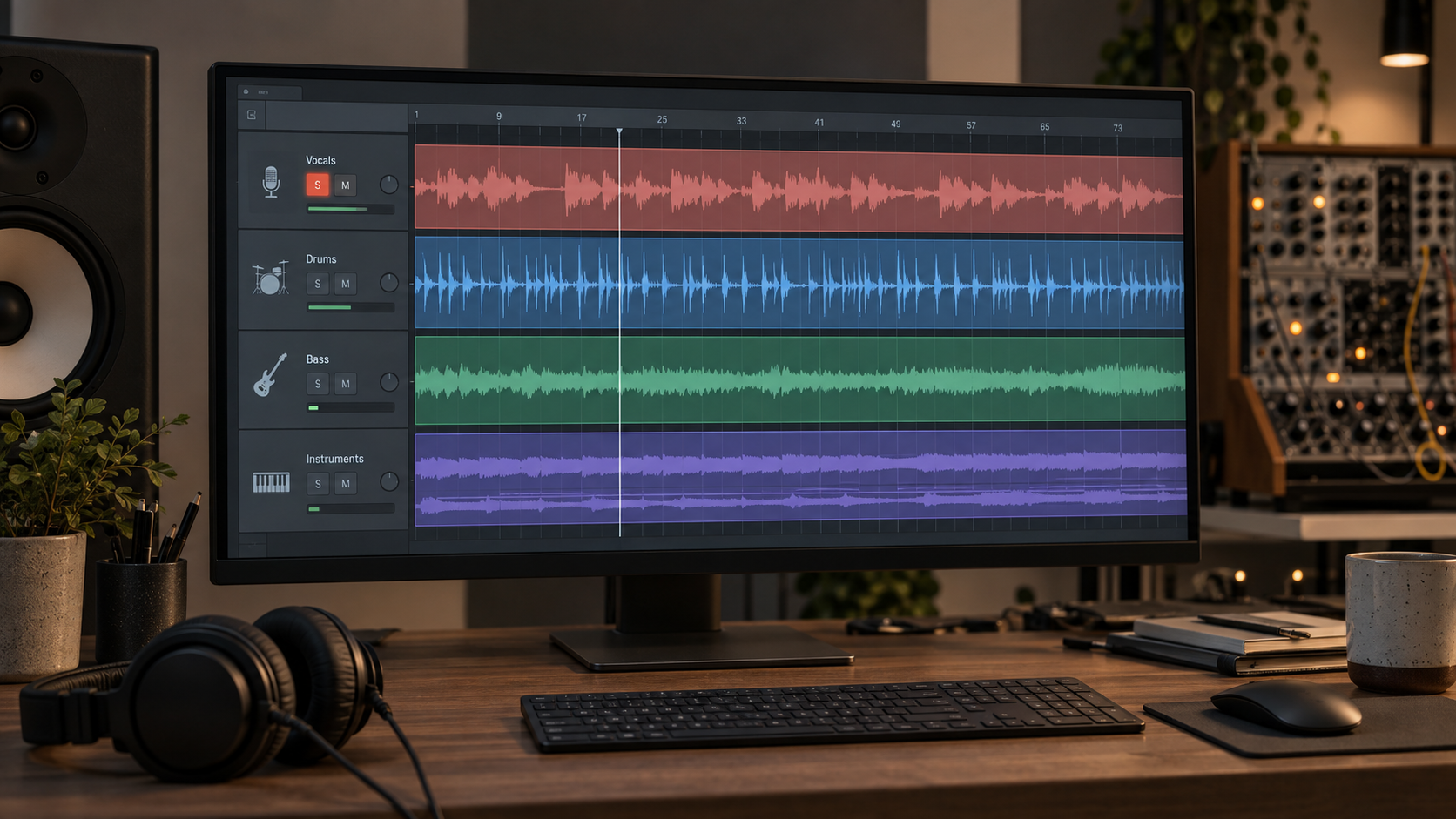 Studio monitor displaying separate vocal, drum, bass, and instrument waveform lanes in a DAW