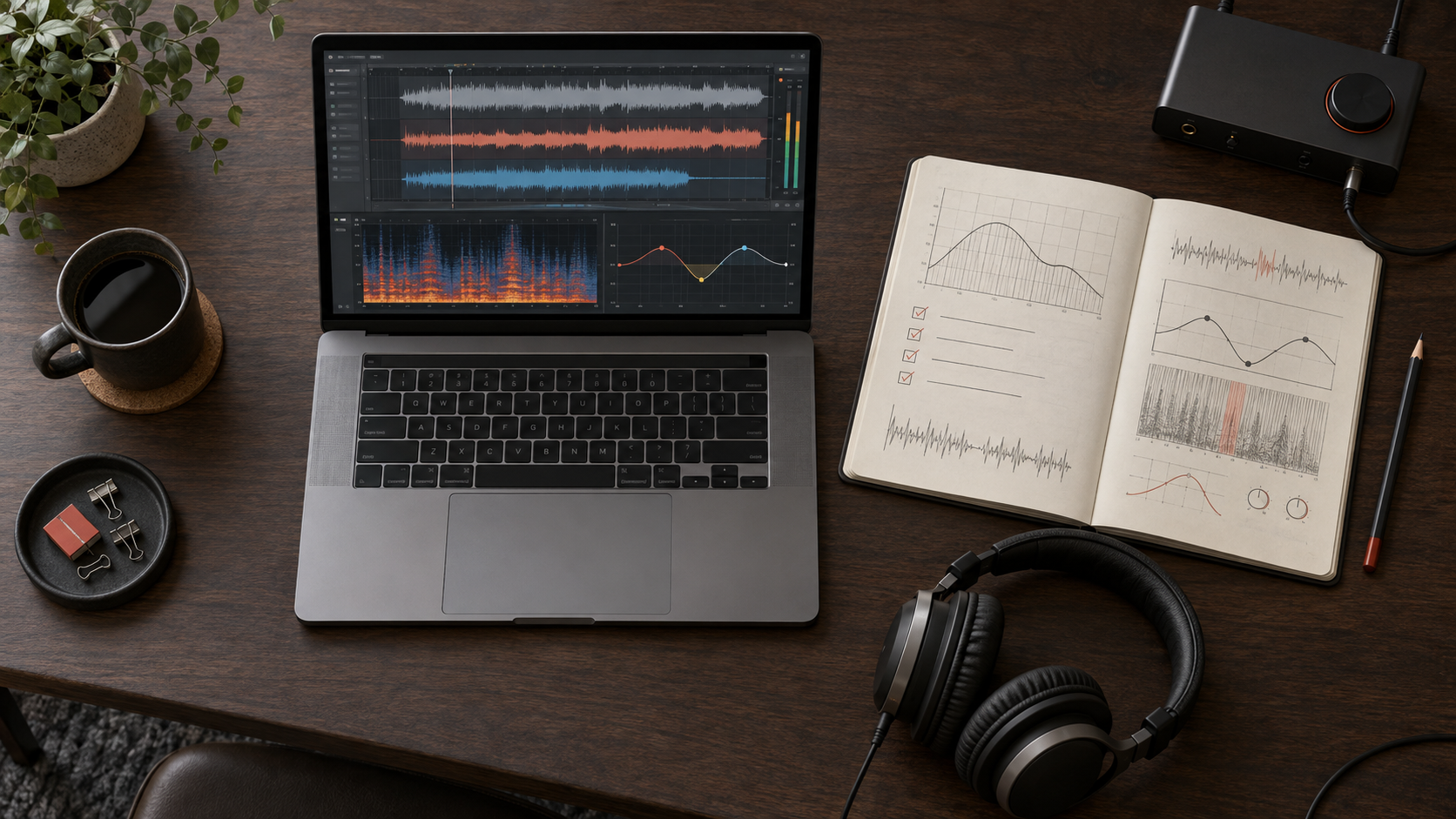Organized audio editing desk with waveform display, frequency notes, interface, and studio headphones