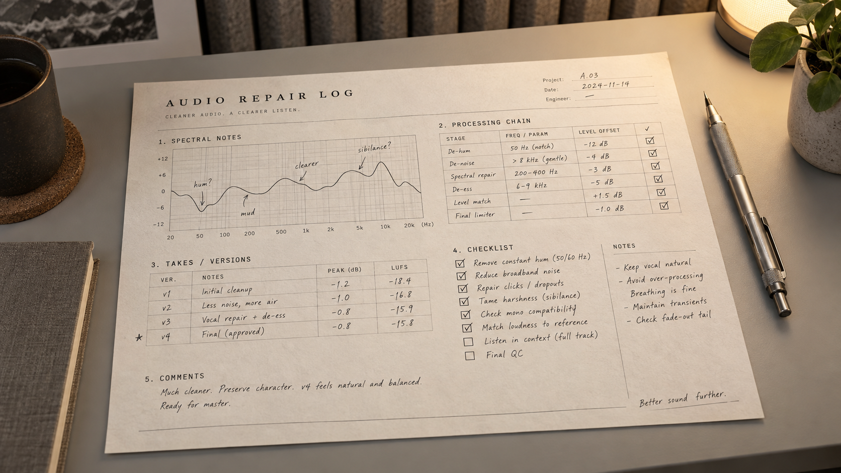 Printed audio repair log with handwritten frequency notes, checkboxes, and a mechanical pencil on a studio desk